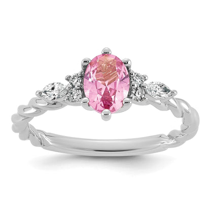 14K Weißgold Ring mit gedrehtem Band, Diamanten und 7x5 ovalem, im Labor gezüchtetem rosa Saphir (Oktober), Größe 7