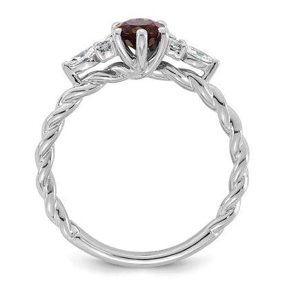 14K Weißgold Ring mit Diamanten und ovalem 7x5 Januar-/Granat-Stein, gedreht, Größe 7
