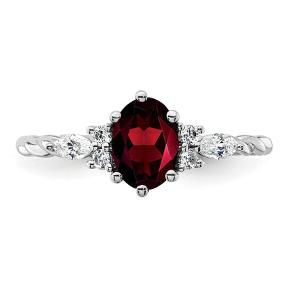 14K Weißgold Ring mit Diamanten und ovalem 7x5 Januar-/Granat-Stein, gedreht, Größe 7