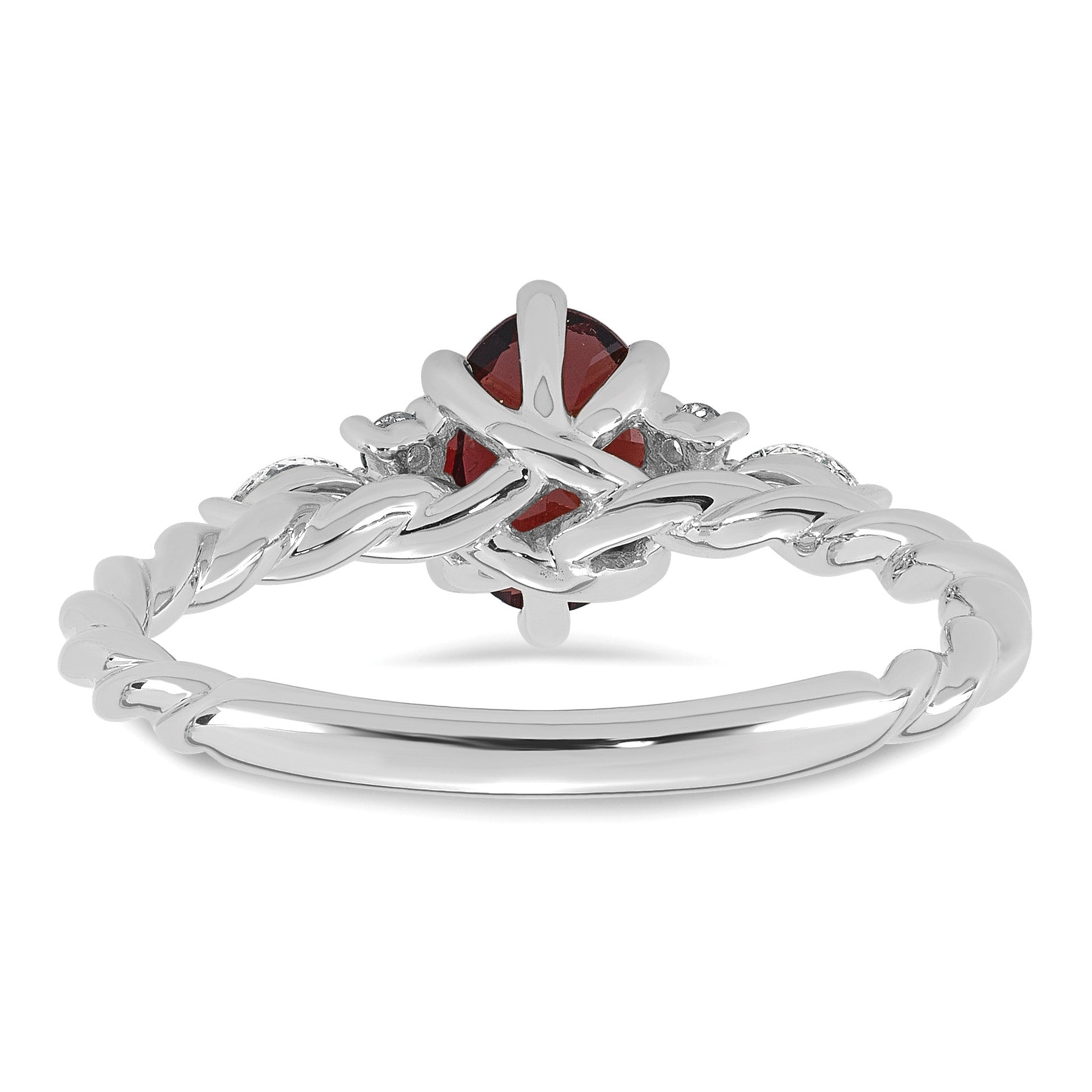 14K Weißgold Ring mit Diamanten und ovalem 7x5 Januar-/Granat-Stein, gedreht, Größe 7