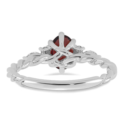 14K Weißgold Ring mit Diamanten und ovalem 7x5 Januar-/Granat-Stein, gedreht, Größe 7