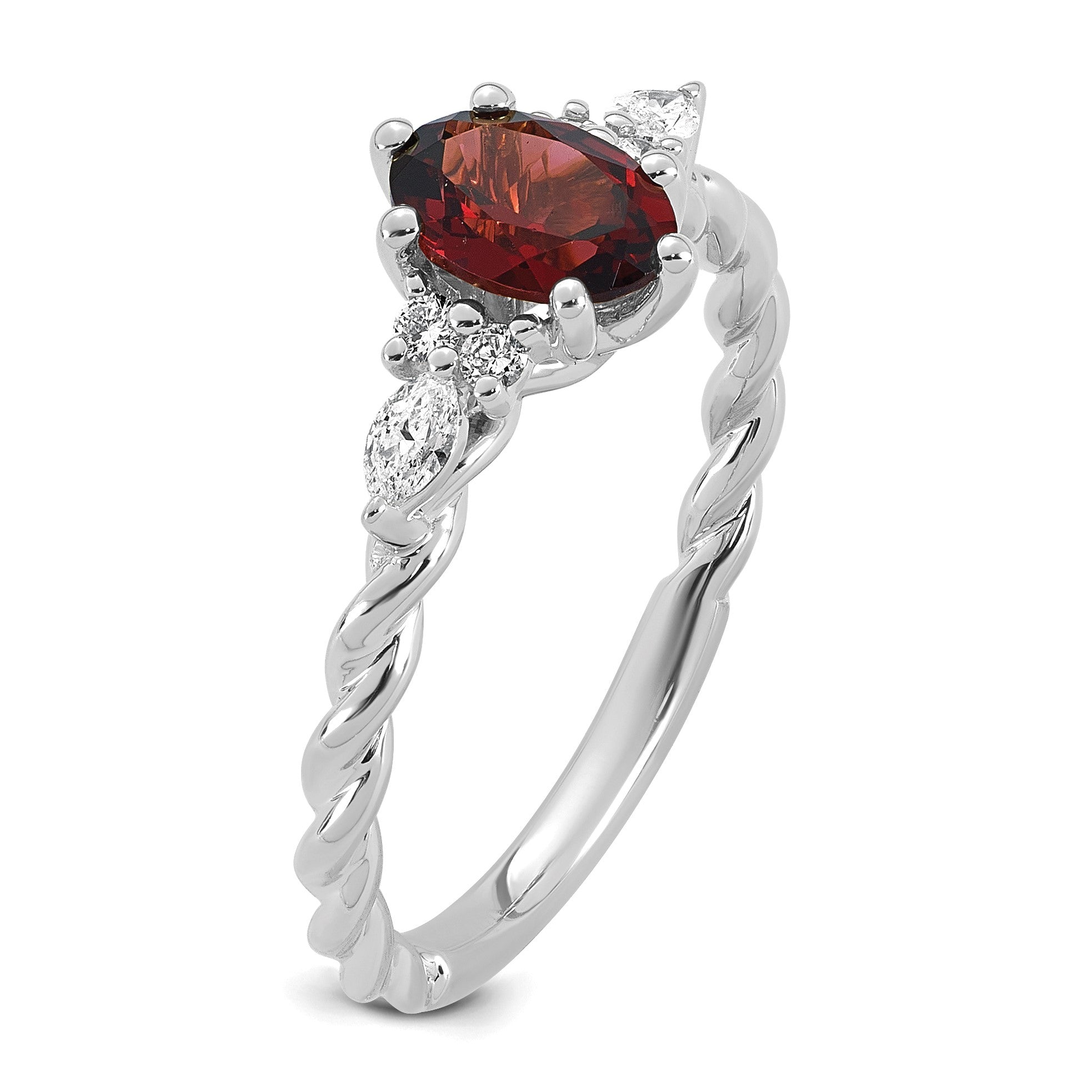 14K Weißgold Ring mit Diamanten und ovalem 7x5 Januar-/Granat-Stein, gedreht, Größe 7