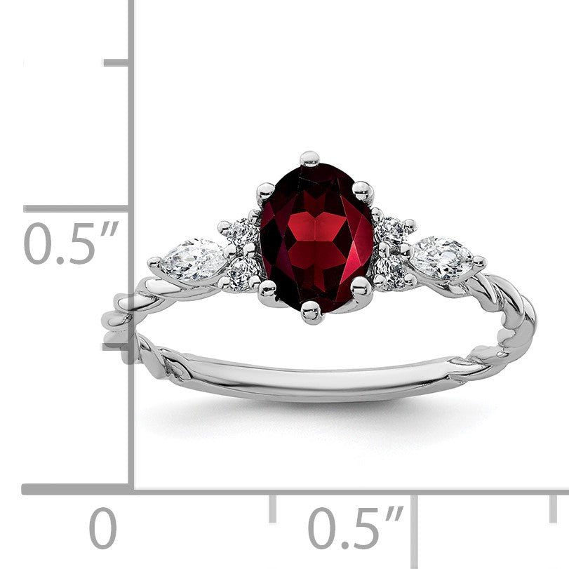 14K Weißgold Ring mit Diamanten und ovalem 7x5 Januar-/Granat-Stein, gedreht, Größe 7