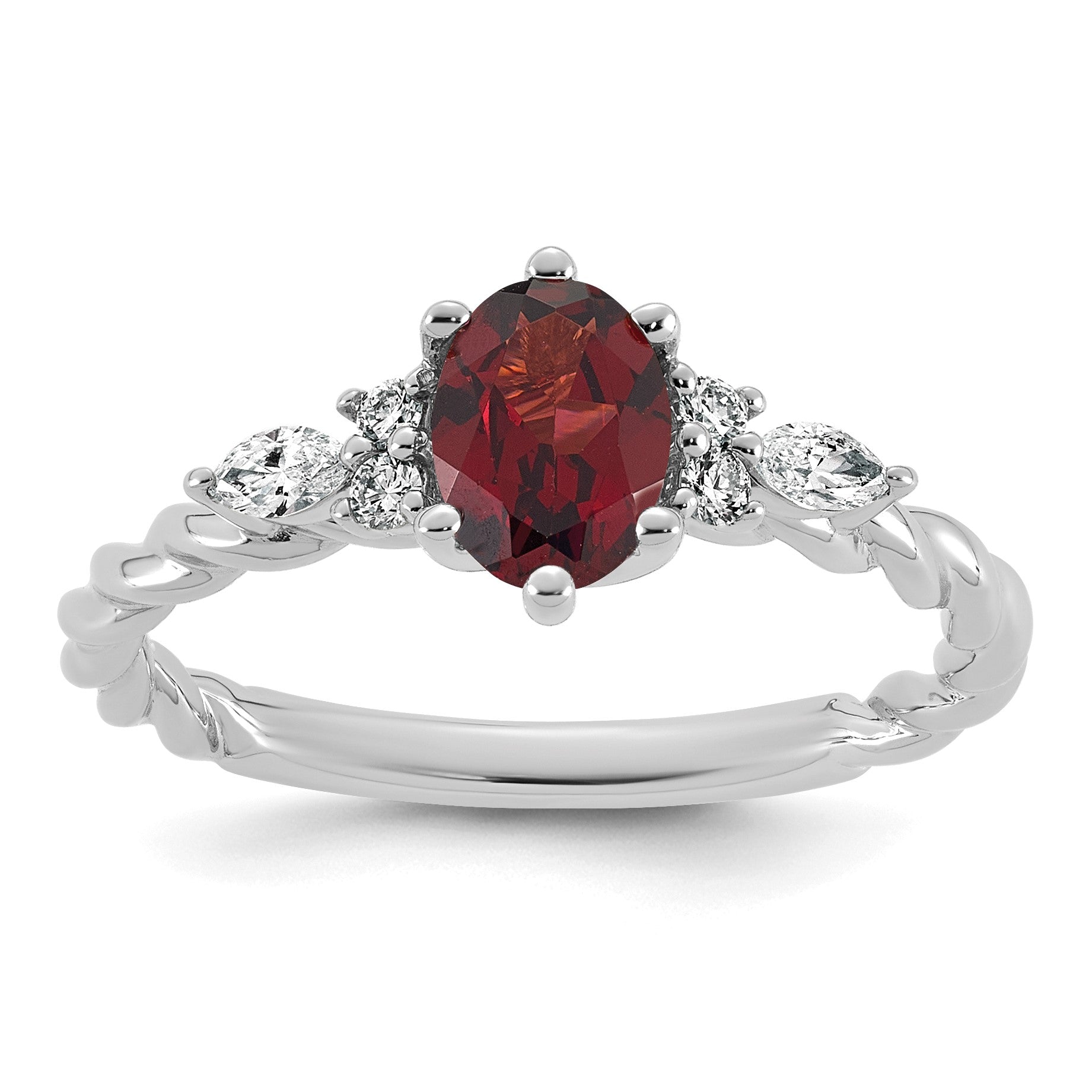 14K Weißgold Ring mit Diamanten und ovalem 7x5 Januar-/Granat-Stein, gedreht, Größe 7