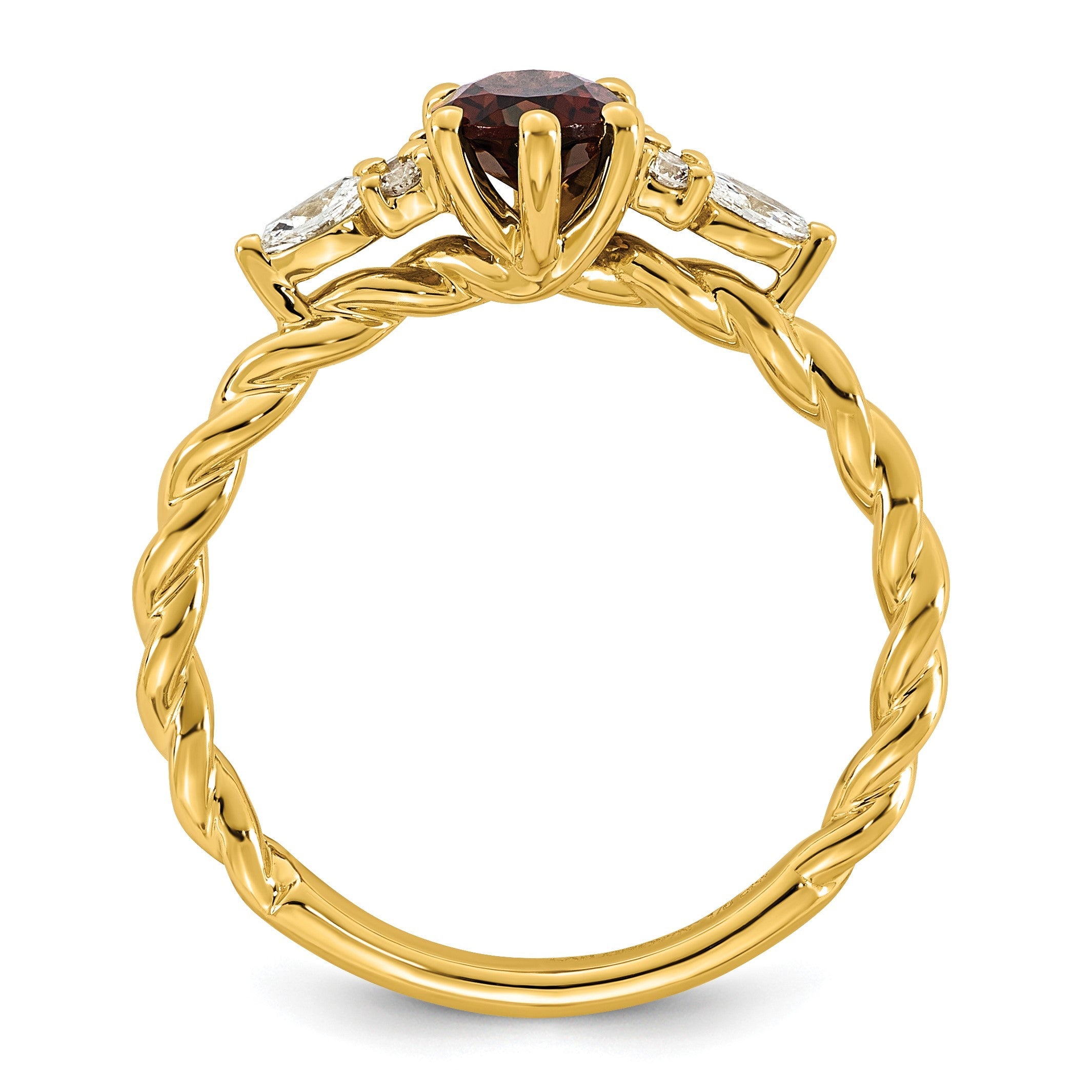 14K Gelbgold Ring mit Diamant und ovalem 7x5 Januar-/Granat-Stein, Größe 7, gedreht