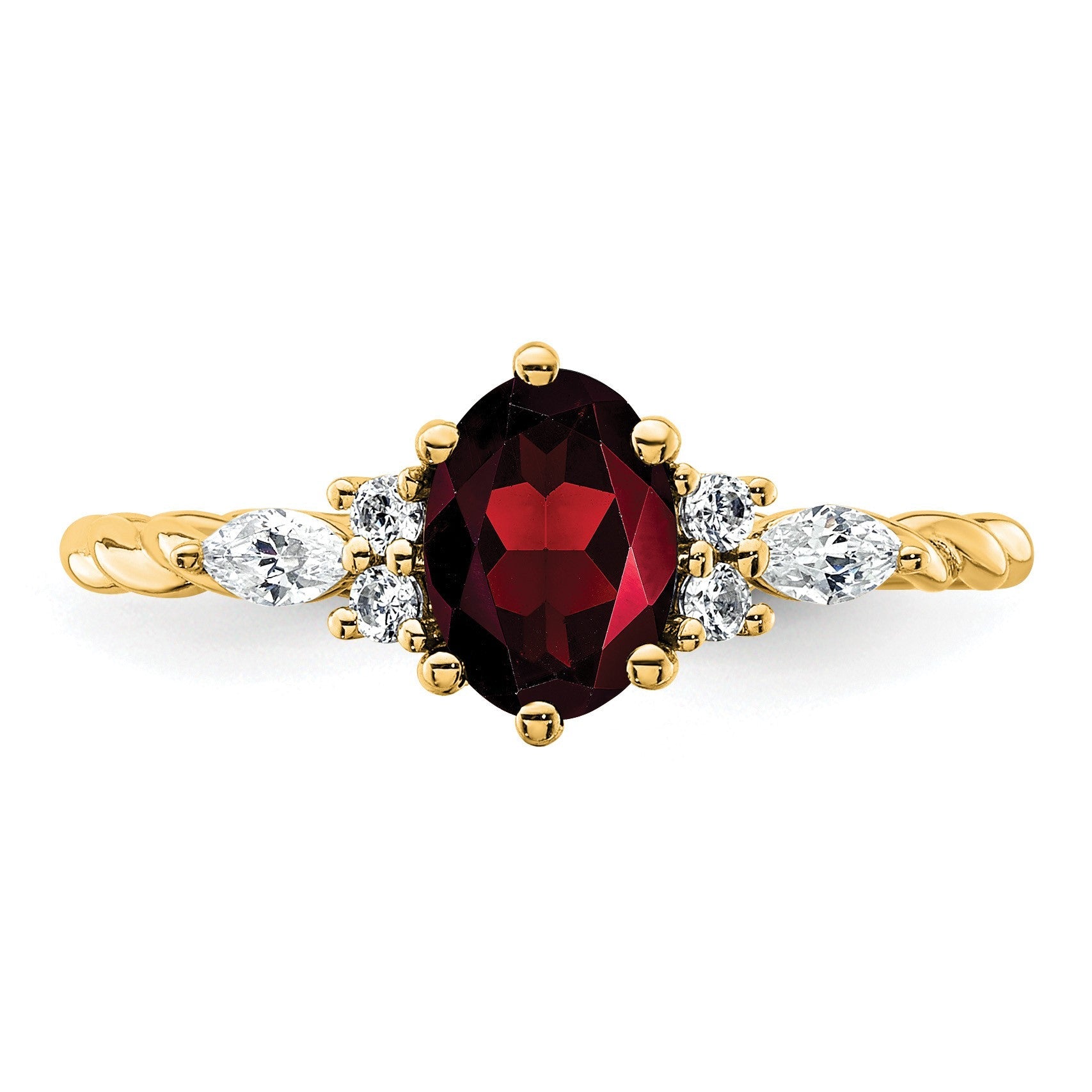 14K Gelbgold Ring mit Diamant und ovalem 7x5 Januar-/Granat-Stein, Größe 7, gedreht