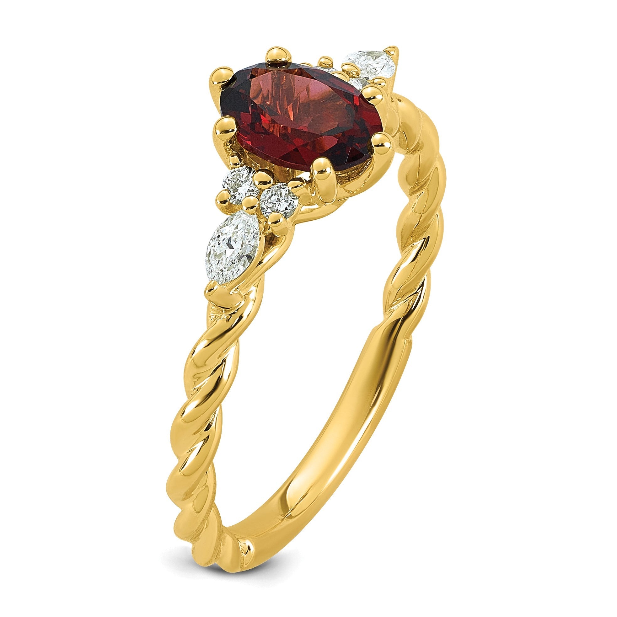 14K Gelbgold Ring mit Diamant und ovalem 7x5 Januar-/Granat-Stein, Größe 7, gedreht