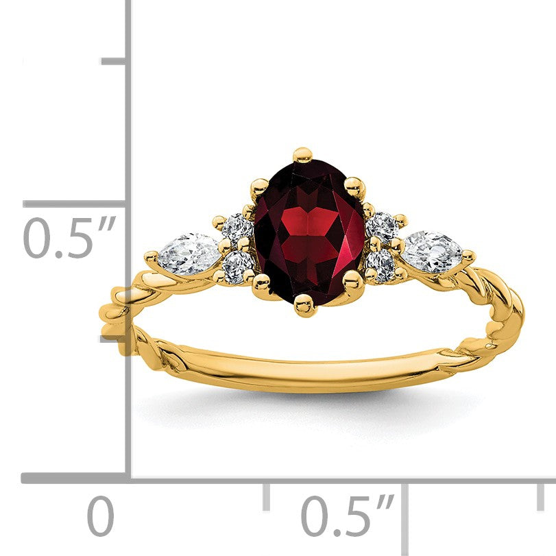 14K Gelbgold Ring mit Diamant und ovalem 7x5 Januar-/Granat-Stein, Größe 7, gedreht