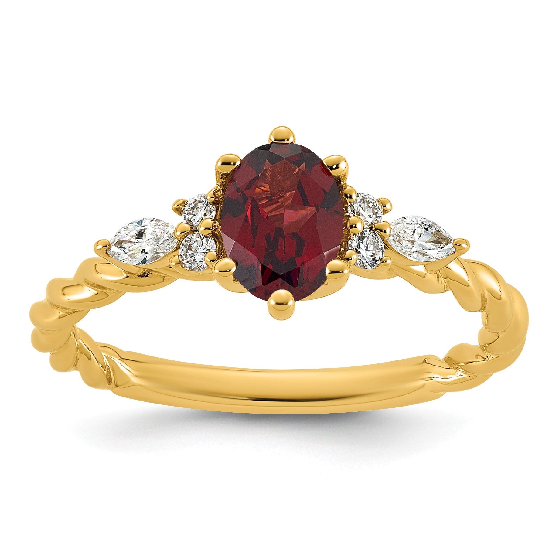 14K Gelbgold Ring mit Diamant und ovalem 7x5 Januar-/Granat-Stein, Größe 7, gedreht