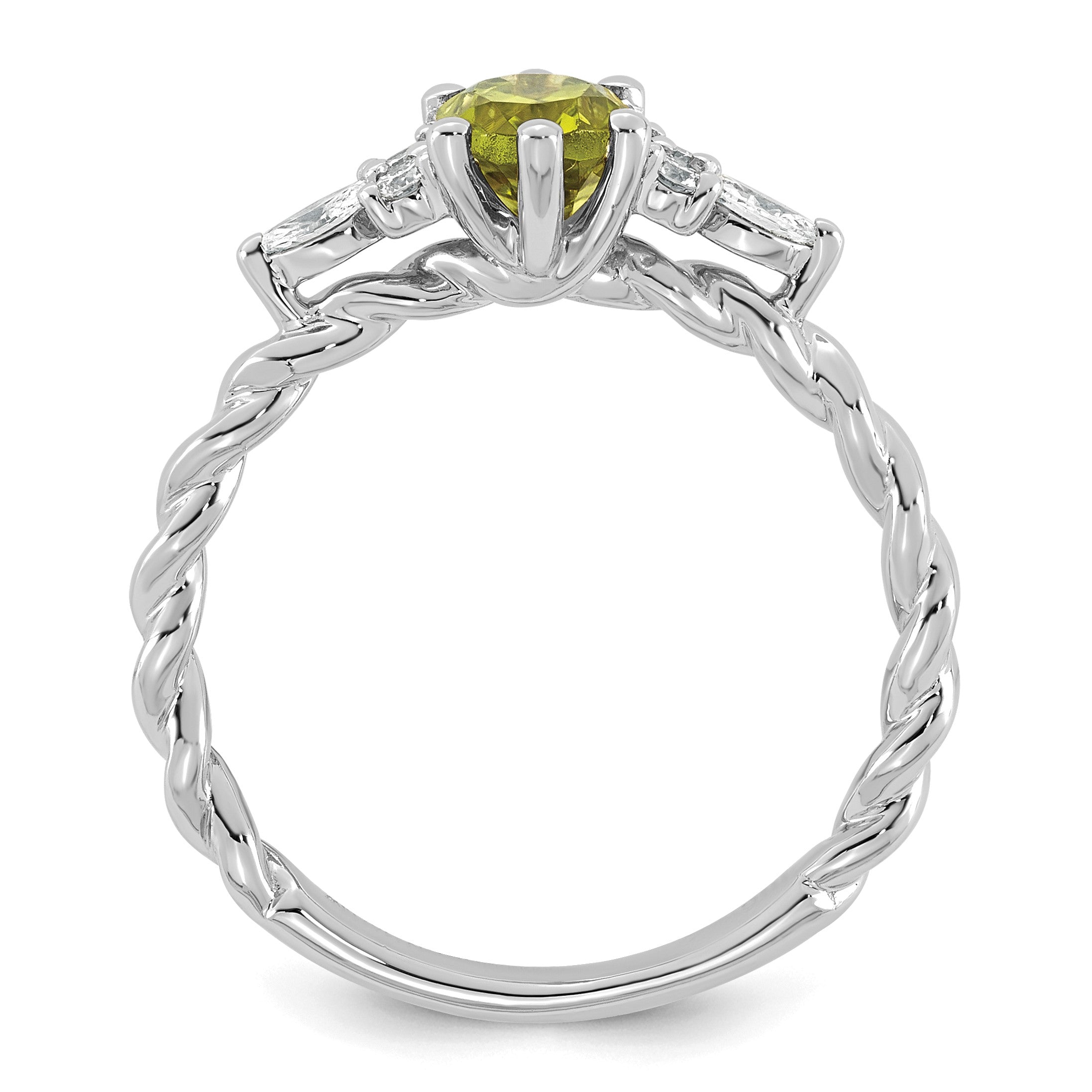 14K Weißgold Ring mit Diamant und 7x5 ovalem August/Peridot, gedreht, Größe 7
