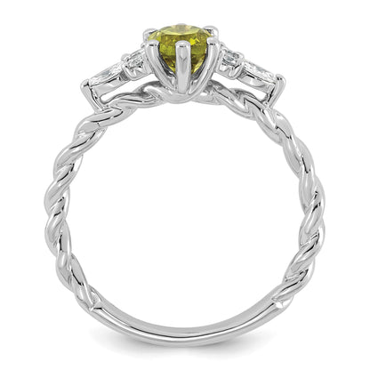 14K Weißgold Ring mit Diamant und 7x5 ovalem August/Peridot, gedreht, Größe 7