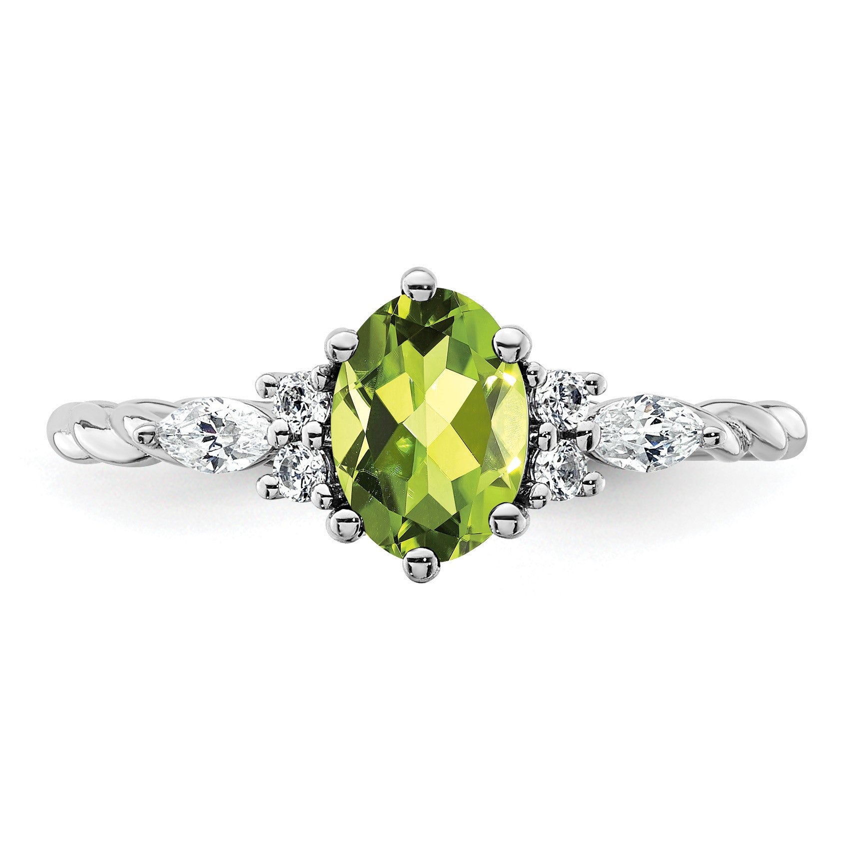 14K Weißgold Ring mit Diamant und 7x5 ovalem August/Peridot, gedreht, Größe 7
