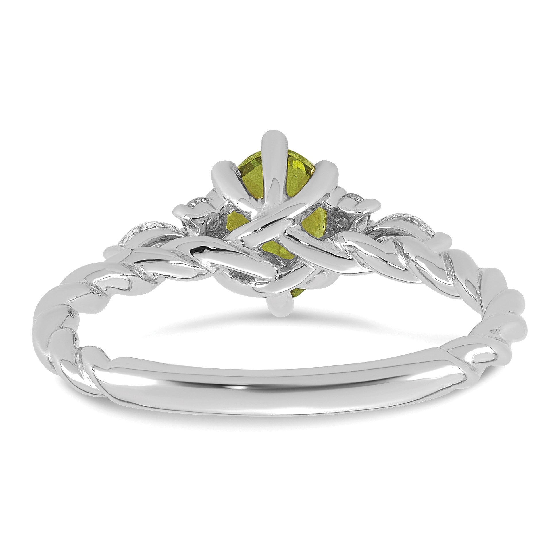 14K Weißgold Ring mit Diamant und 7x5 ovalem August/Peridot, gedreht, Größe 7