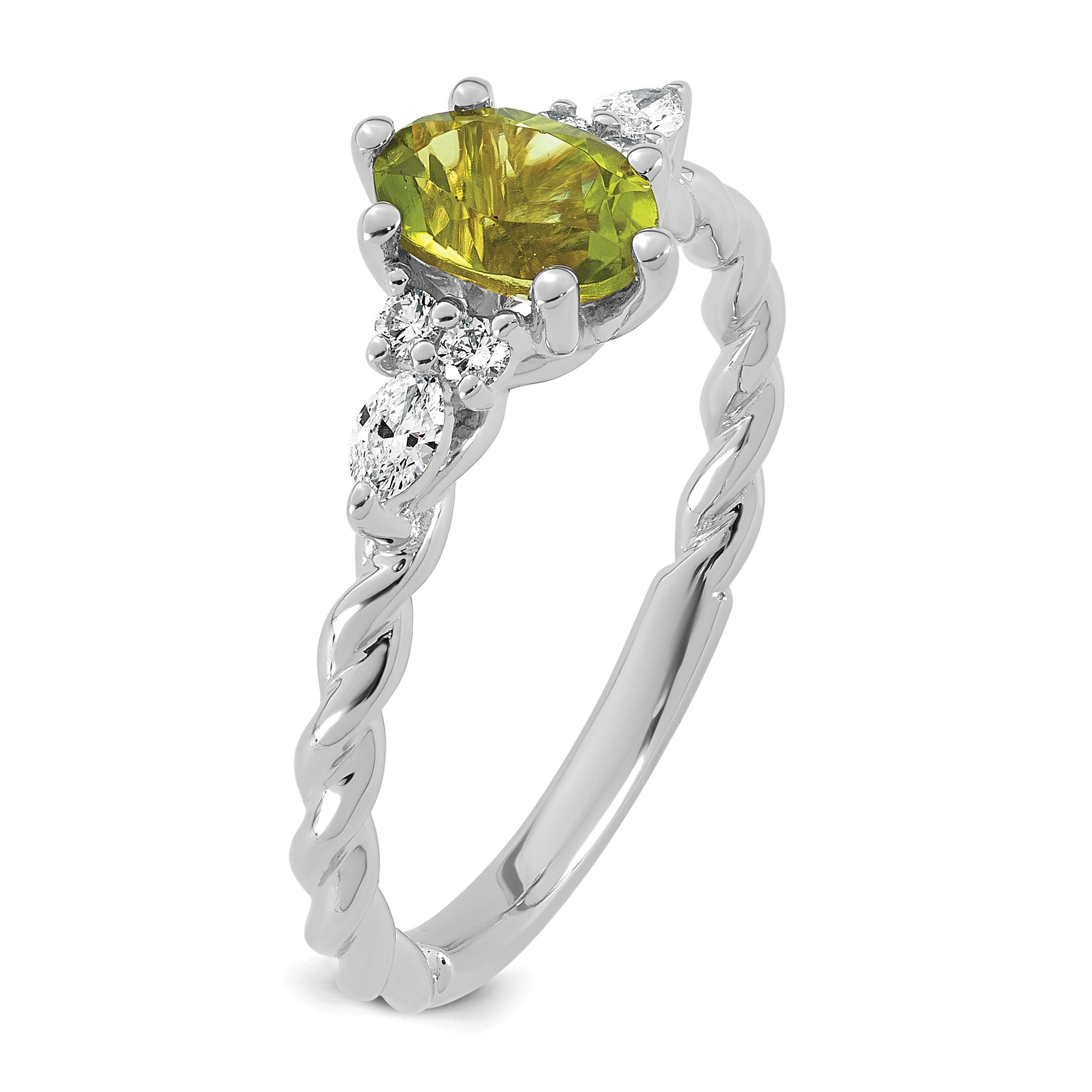 14K Weißgold Ring mit Diamant und 7x5 ovalem August/Peridot, gedreht, Größe 7