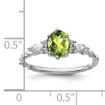 14K Weißgold Ring mit Diamant und 7x5 ovalem August/Peridot, gedreht, Größe 7