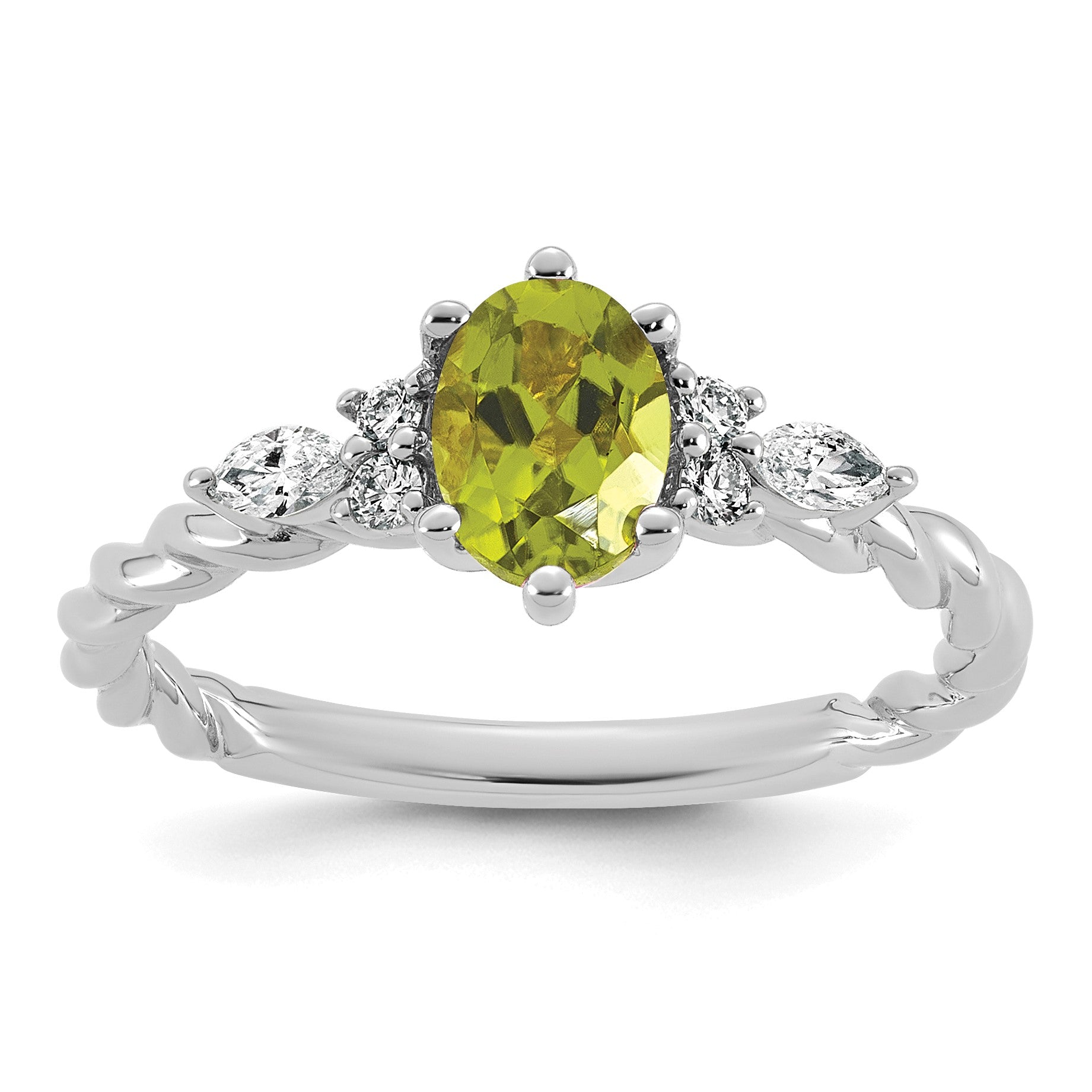 14K Weißgold Ring mit Diamant und 7x5 ovalem August/Peridot, gedreht, Größe 7