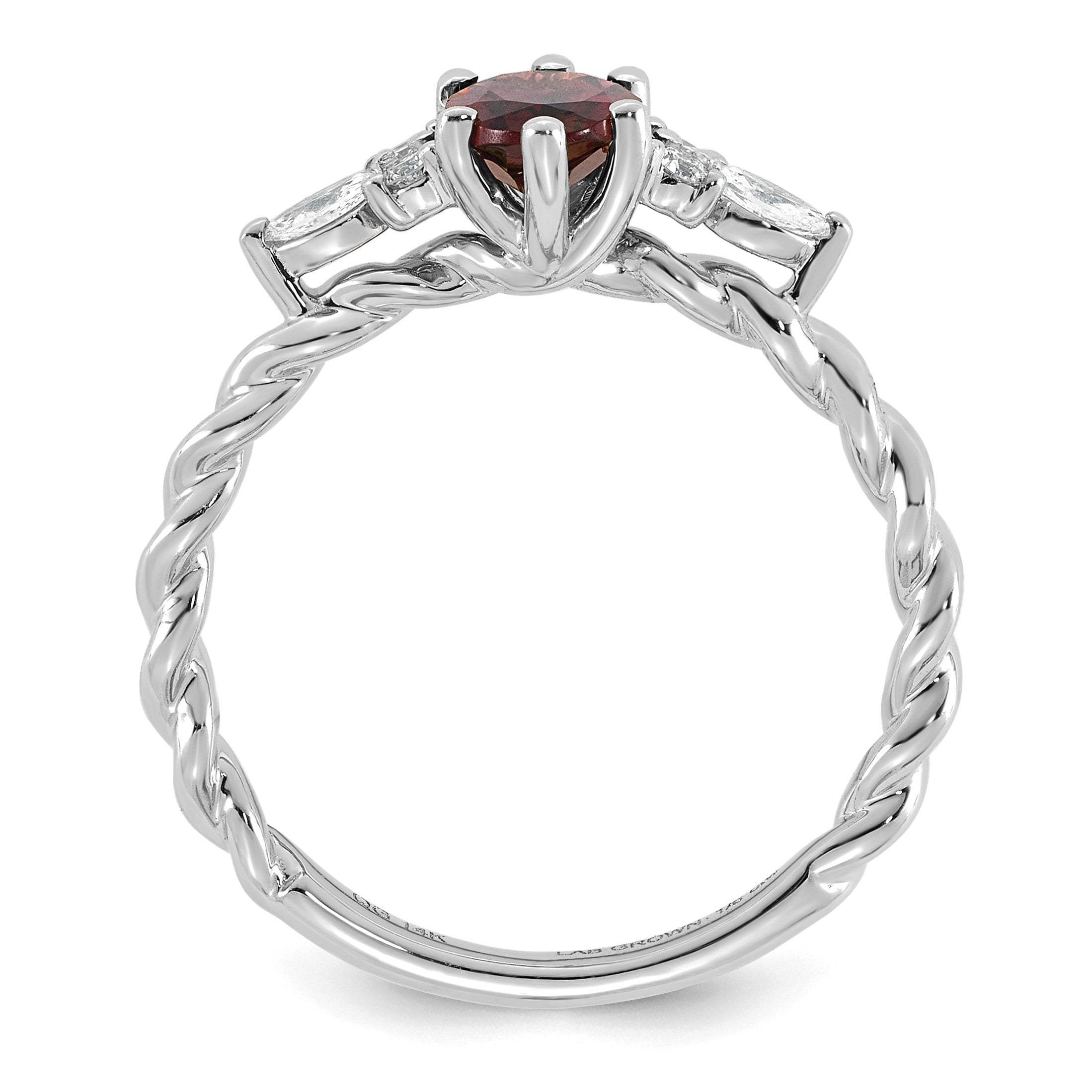 14K Weißgold Diamant- und 7x5 Oval Juni/Rhodolith-Granat-Ring mit gedrehtem Design, Größe 7