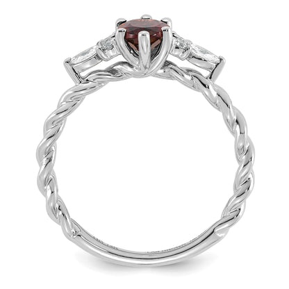 14K Weißgold Diamant- und 7x5 Oval Juni/Rhodolith-Granat-Ring mit gedrehtem Design, Größe 7
