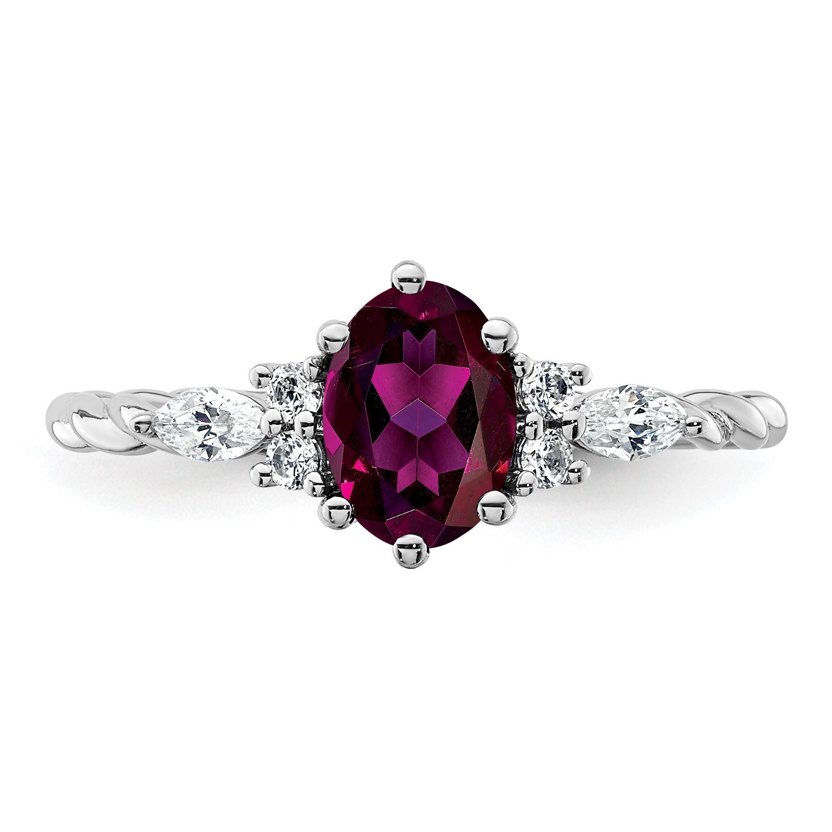 14K Weißgold Diamant- und 7x5 Oval Juni/Rhodolith-Granat-Ring mit gedrehtem Design, Größe 7