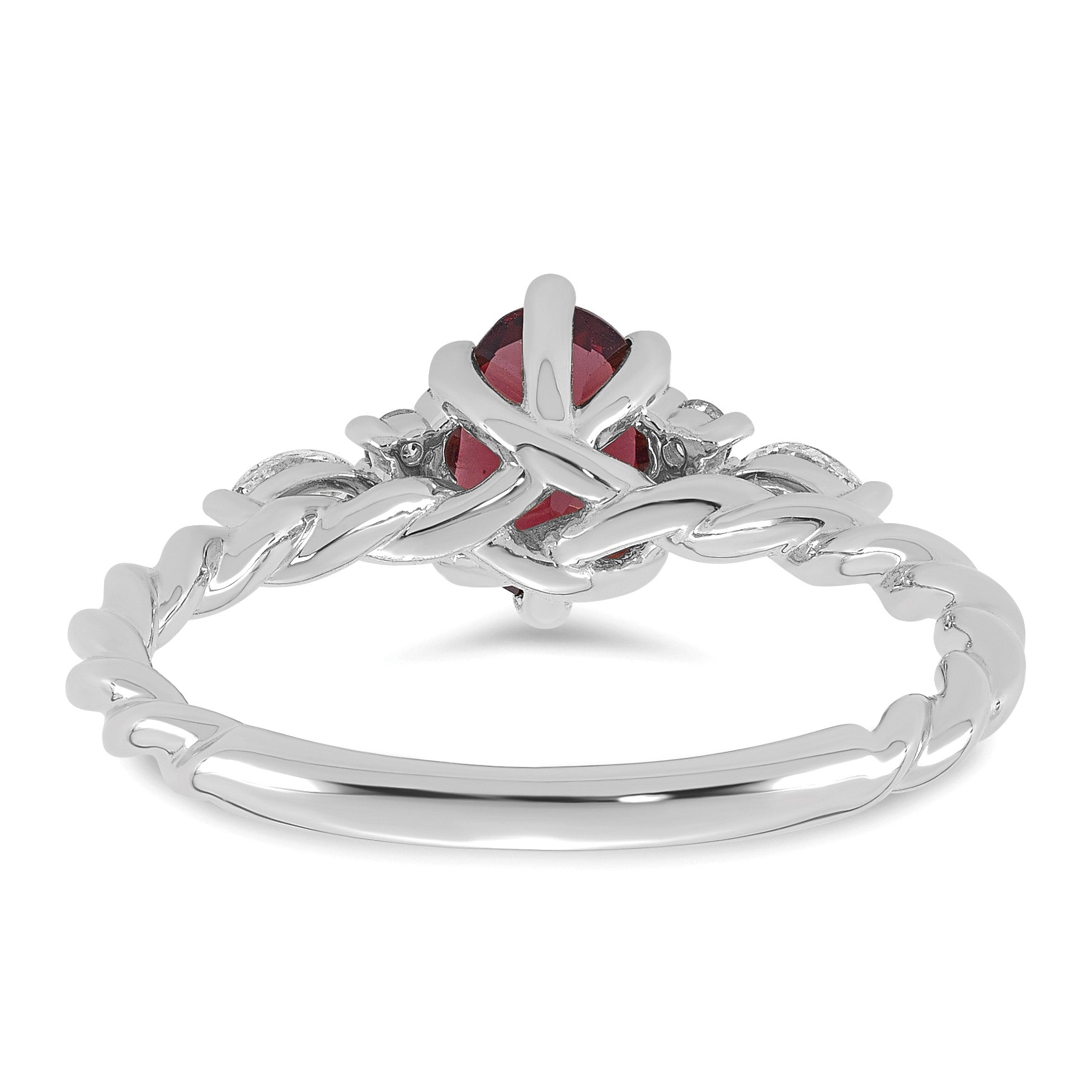 14K Weißgold Diamant- und 7x5 Oval Juni/Rhodolith-Granat-Ring mit gedrehtem Design, Größe 7