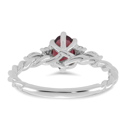 14K Weißgold Diamant- und 7x5 Oval Juni/Rhodolith-Granat-Ring mit gedrehtem Design, Größe 7