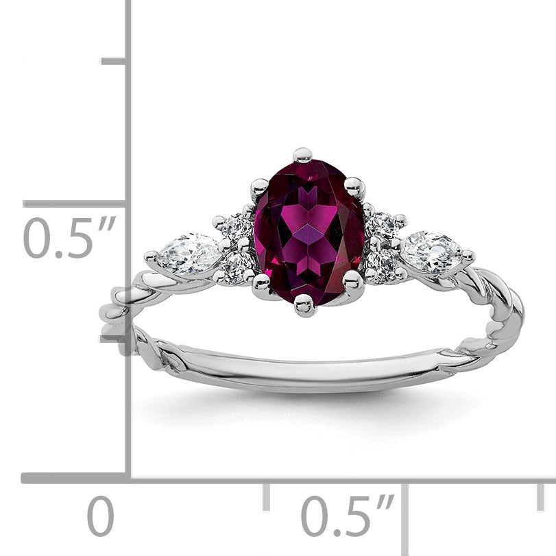 14K Weißgold Diamant- und 7x5 Oval Juni/Rhodolith-Granat-Ring mit gedrehtem Design, Größe 7