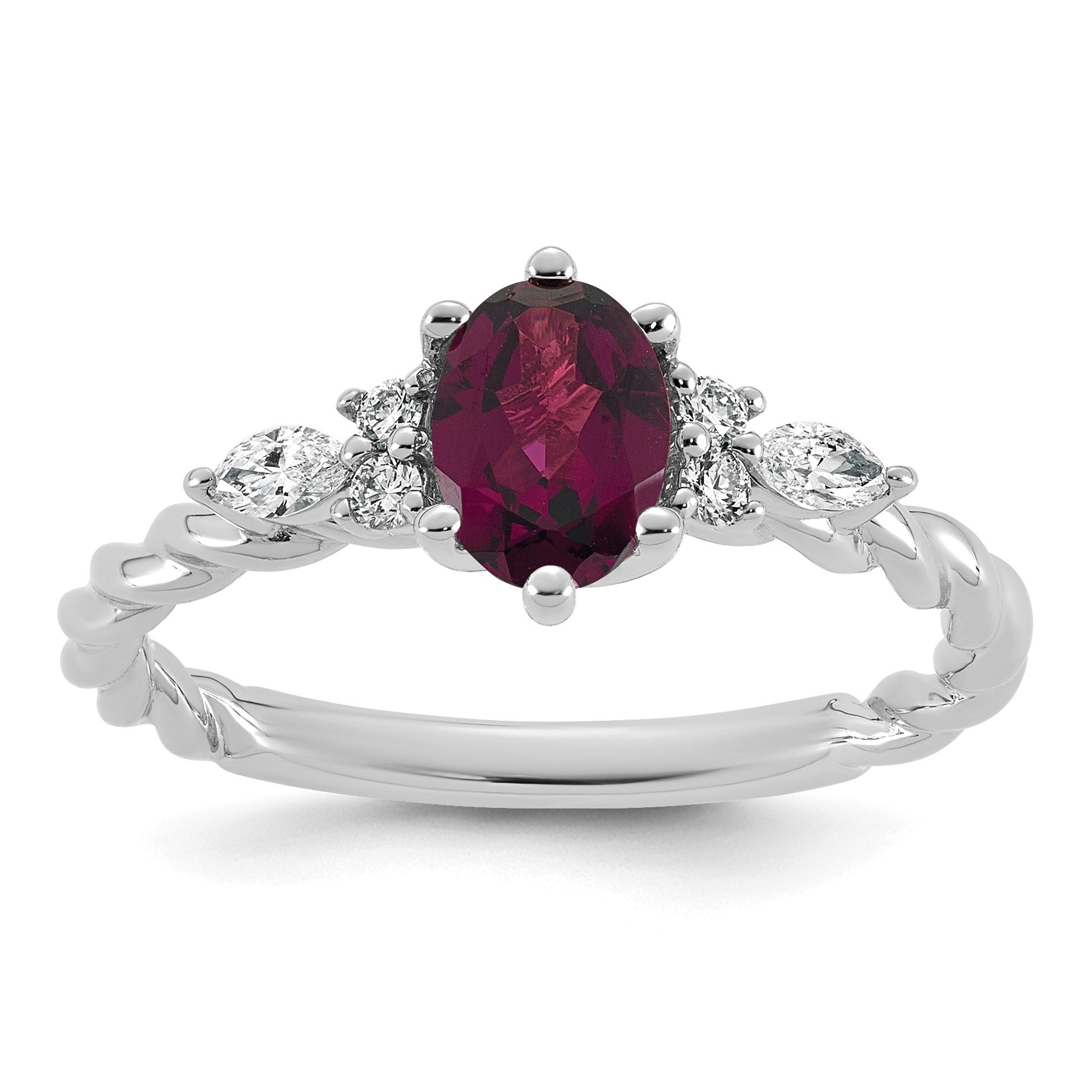 14K Weißgold Diamant- und 7x5 Oval Juni/Rhodolith-Granat-Ring mit gedrehtem Design, Größe 7