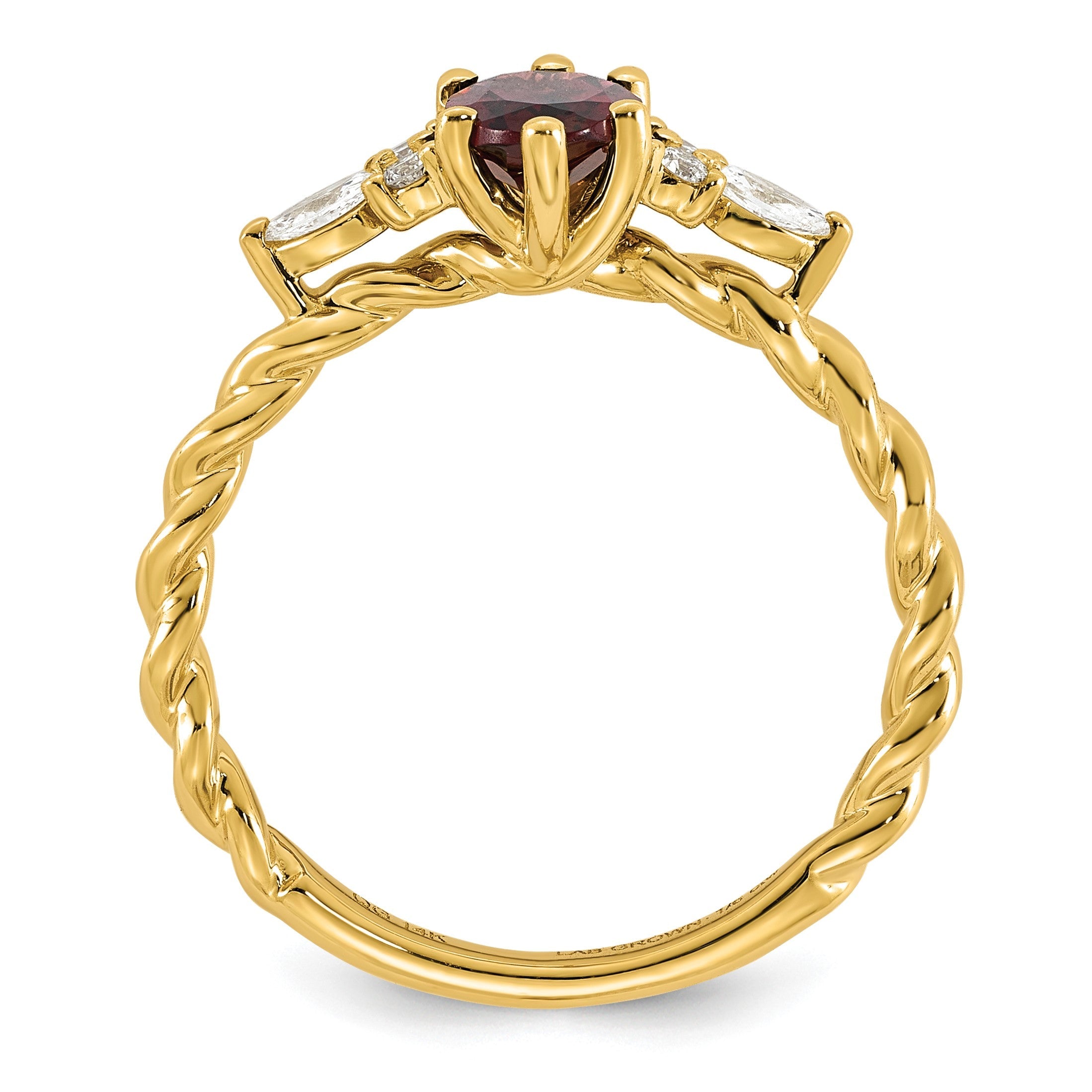 14K Gelbgold Ring mit Diamanten und 7x5 ovalem Rhodolith-Granat, Größe 7, gedreht
