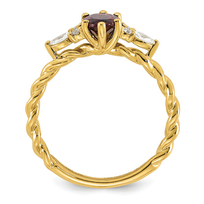 14K Gelbgold Ring mit Diamanten und 7x5 ovalem Rhodolith-Granat, Größe 7, gedreht