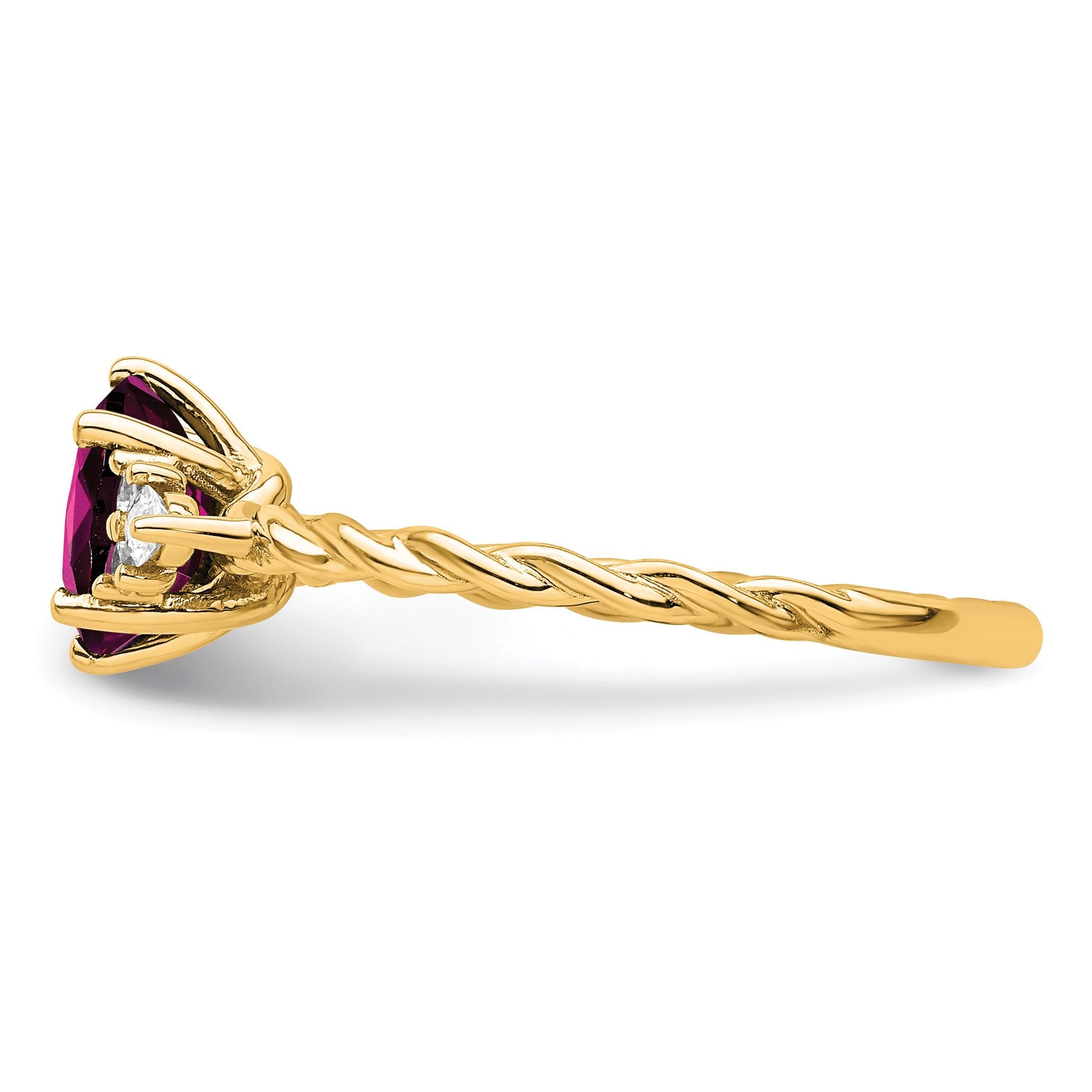 14K Gelbgold Ring mit Diamanten und 7x5 ovalem Rhodolith-Granat, Größe 7, gedreht