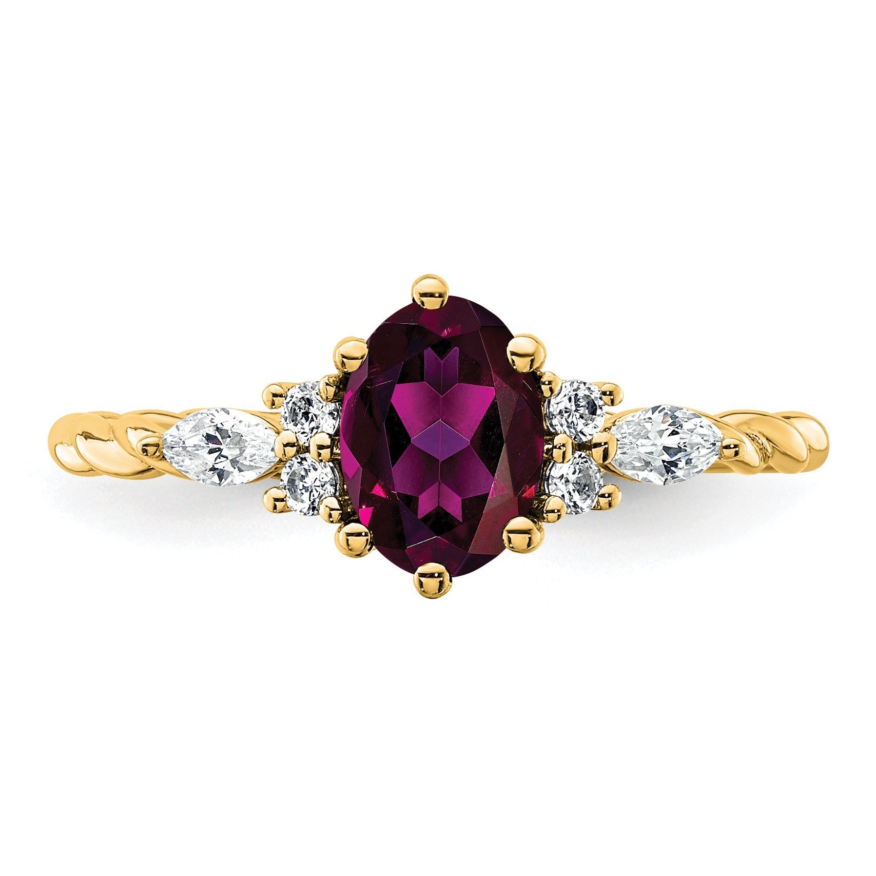 14K Gelbgold Ring mit Diamanten und 7x5 ovalem Rhodolith-Granat, Größe 7, gedreht