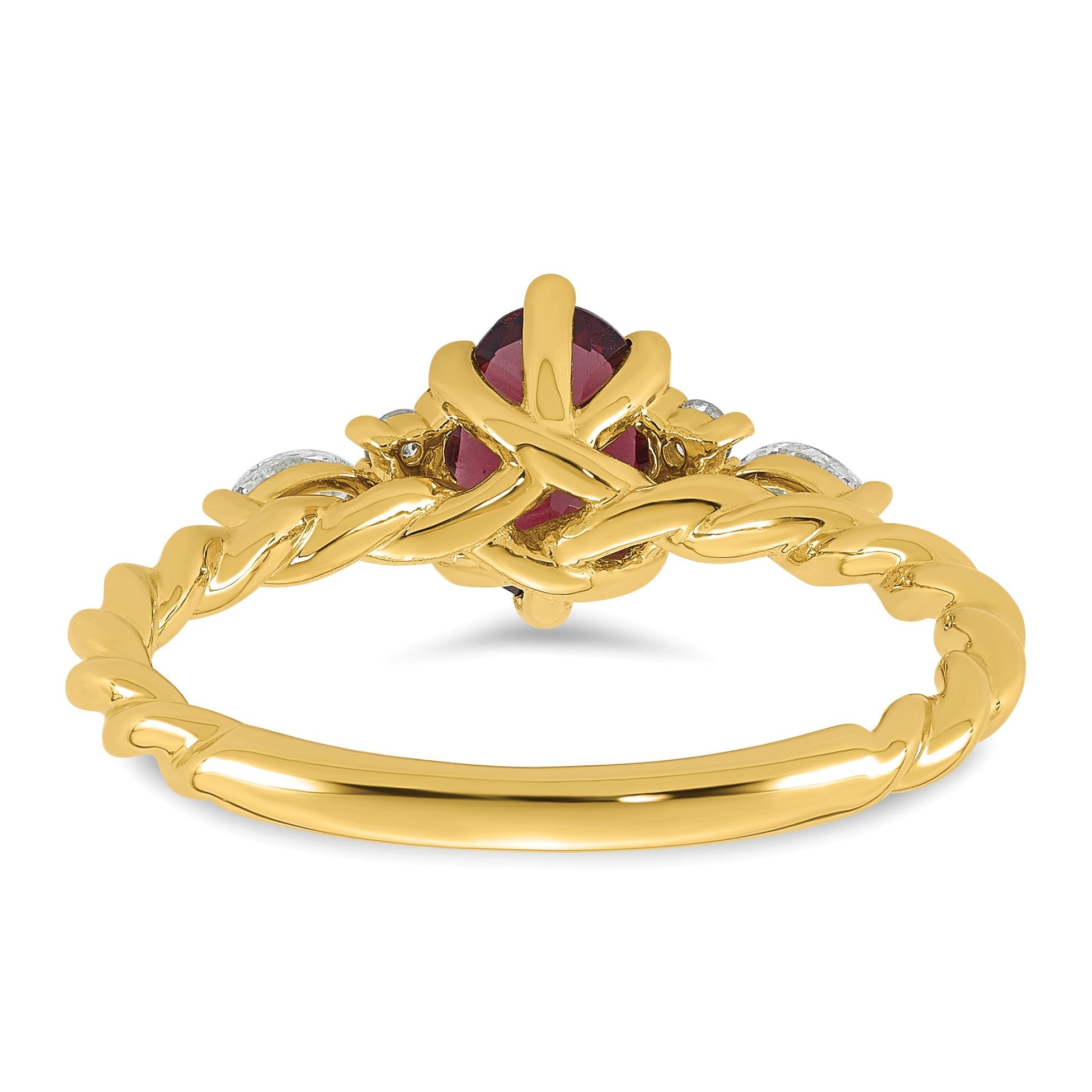 14K Gelbgold Ring mit Diamanten und 7x5 ovalem Rhodolith-Granat, Größe 7, gedreht