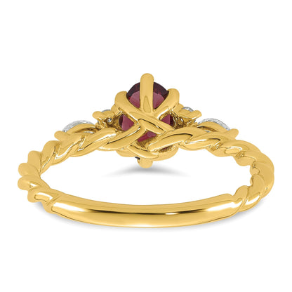 14K Gelbgold Ring mit Diamanten und 7x5 ovalem Rhodolith-Granat, Größe 7, gedreht