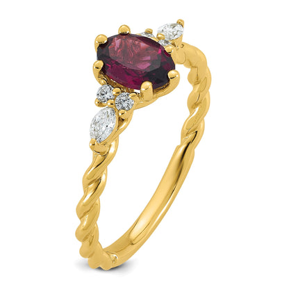 14K Gelbgold Ring mit Diamanten und 7x5 ovalem Rhodolith-Granat, Größe 7, gedreht