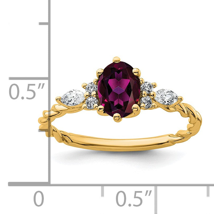 14K Gelbgold Ring mit Diamanten und 7x5 ovalem Rhodolith-Granat, Größe 7, gedreht