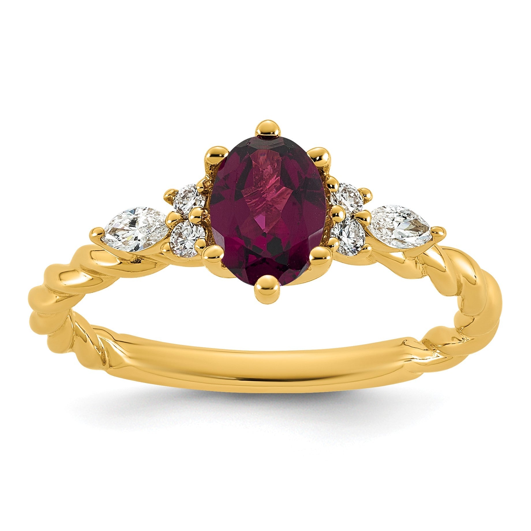 14K Gelbgold Ring mit Diamanten und 7x5 ovalem Rhodolith-Granat, Größe 7, gedreht