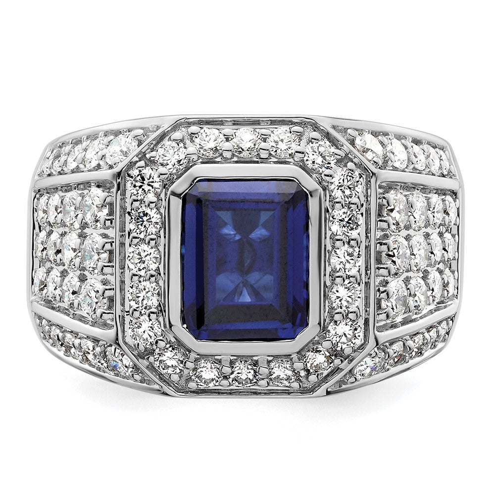 10K Weißgold Herrenring mit 1,875 ct. laborgezüchtetem Diamant VS/SI+ G+ und laborgezüchtetem blauem Saphir