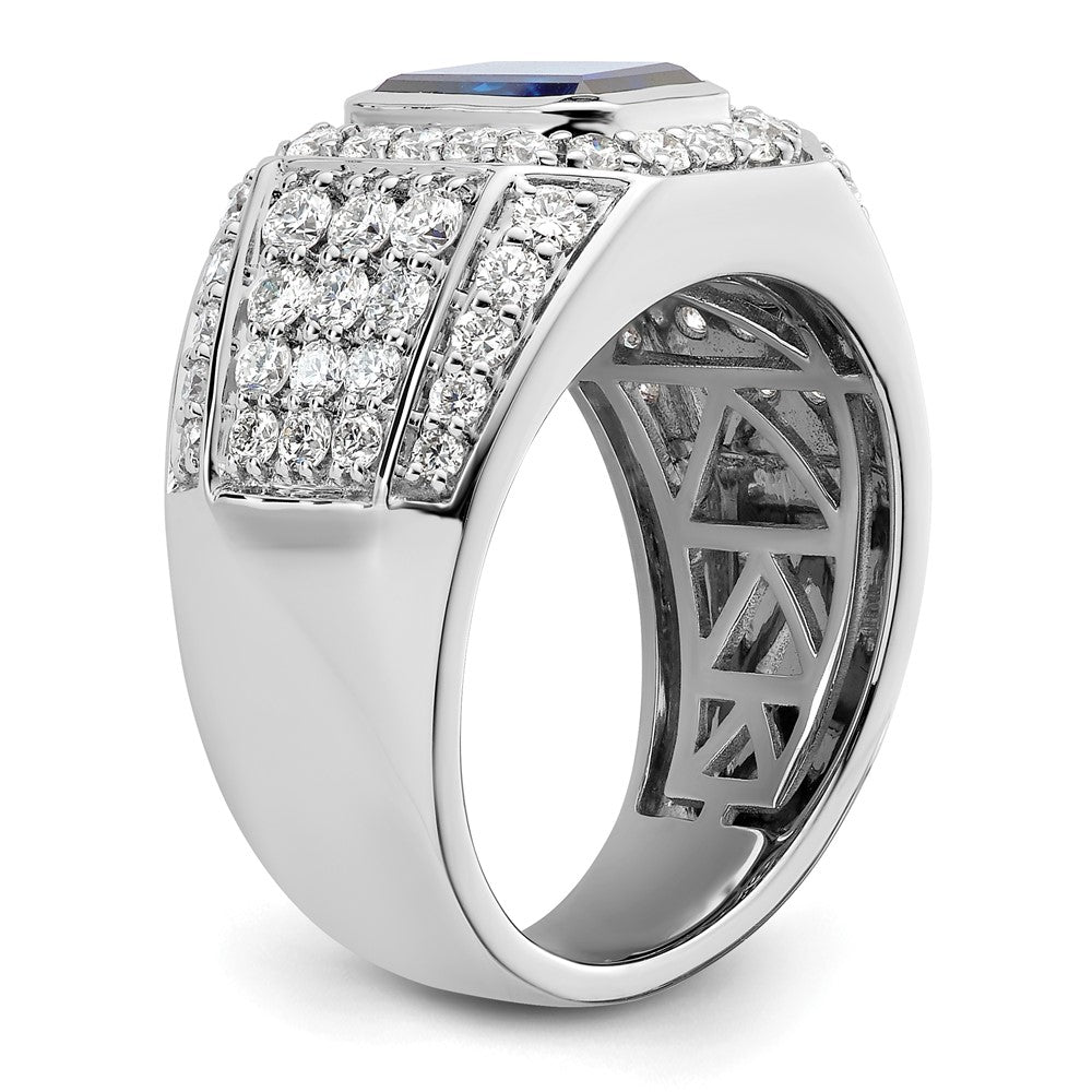 10K Weißgold Herrenring mit 1,875 ct. laborgezüchtetem Diamant VS/SI+ G+ und laborgezüchtetem blauem Saphir