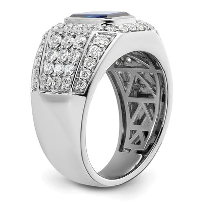 10K Weißgold Herrenring mit 1,875 ct. laborgezüchtetem Diamant VS/SI+ G+ und laborgezüchtetem blauem Saphir