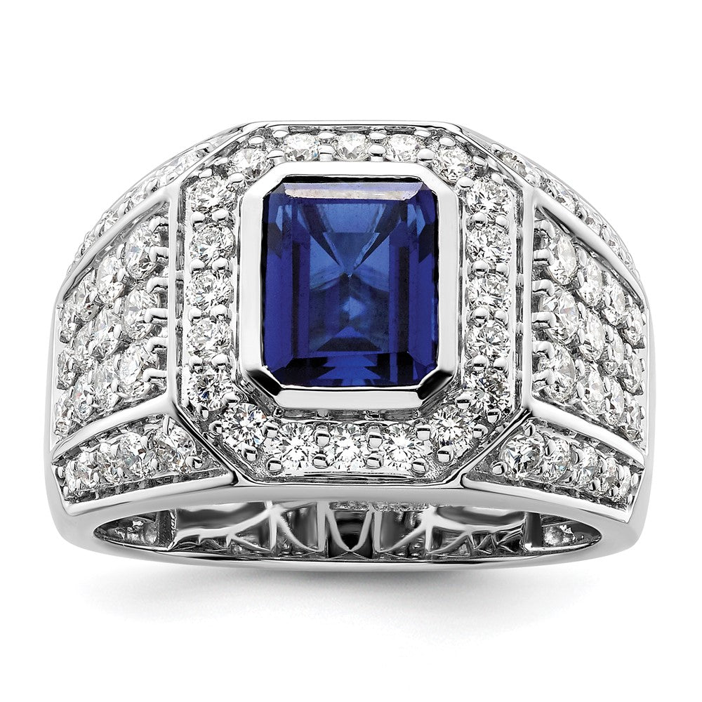 10K Weißgold Herrenring mit 1,875 ct. laborgezüchtetem Diamant VS/SI+ G+ und laborgezüchtetem blauem Saphir