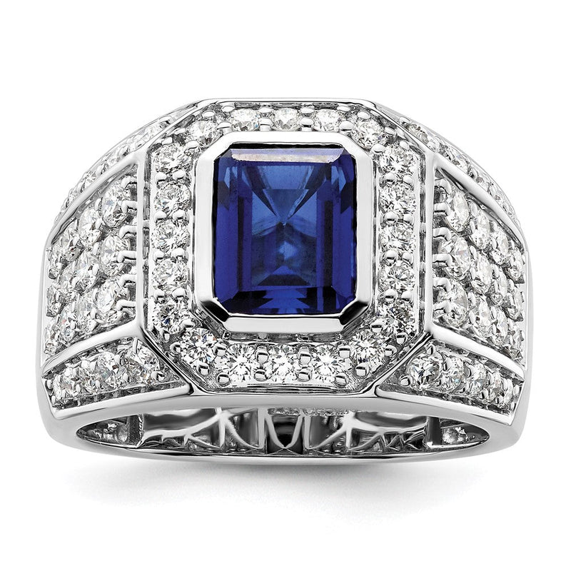 10K Weißgold Herrenring mit 1,875 ct. laborgezüchtetem Diamant VS/SI+ G+ und laborgezüchtetem blauem Saphir