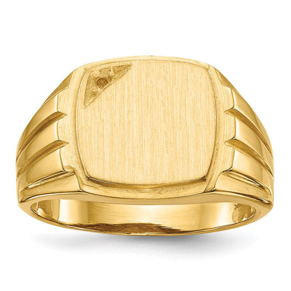 14K Gelbgold 11.5x12.0mm Gerillt Sides Offen Rückseite Diamant Herren Siegel Ring Mtg