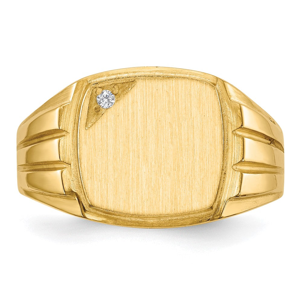 14K Gelbgold Siegelring für Herren, 11,5x12,0 mm, mit geriffelten Seiten, offener Rückseite und natürlichem Diamant VS