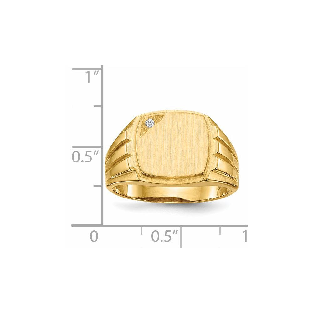 14K Gelbgold Siegelring für Herren, 11,5x12,0 mm, mit geriffelten Seiten, offener Rückseite und natürlichem Diamant VS