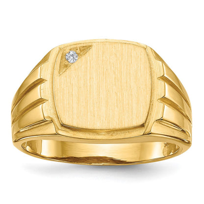 14K Gelbgold Herren-Siegelring mit 11,5x12,0mm gerillten Seiten, offener Rückseite und einem natürlichen Diamanten