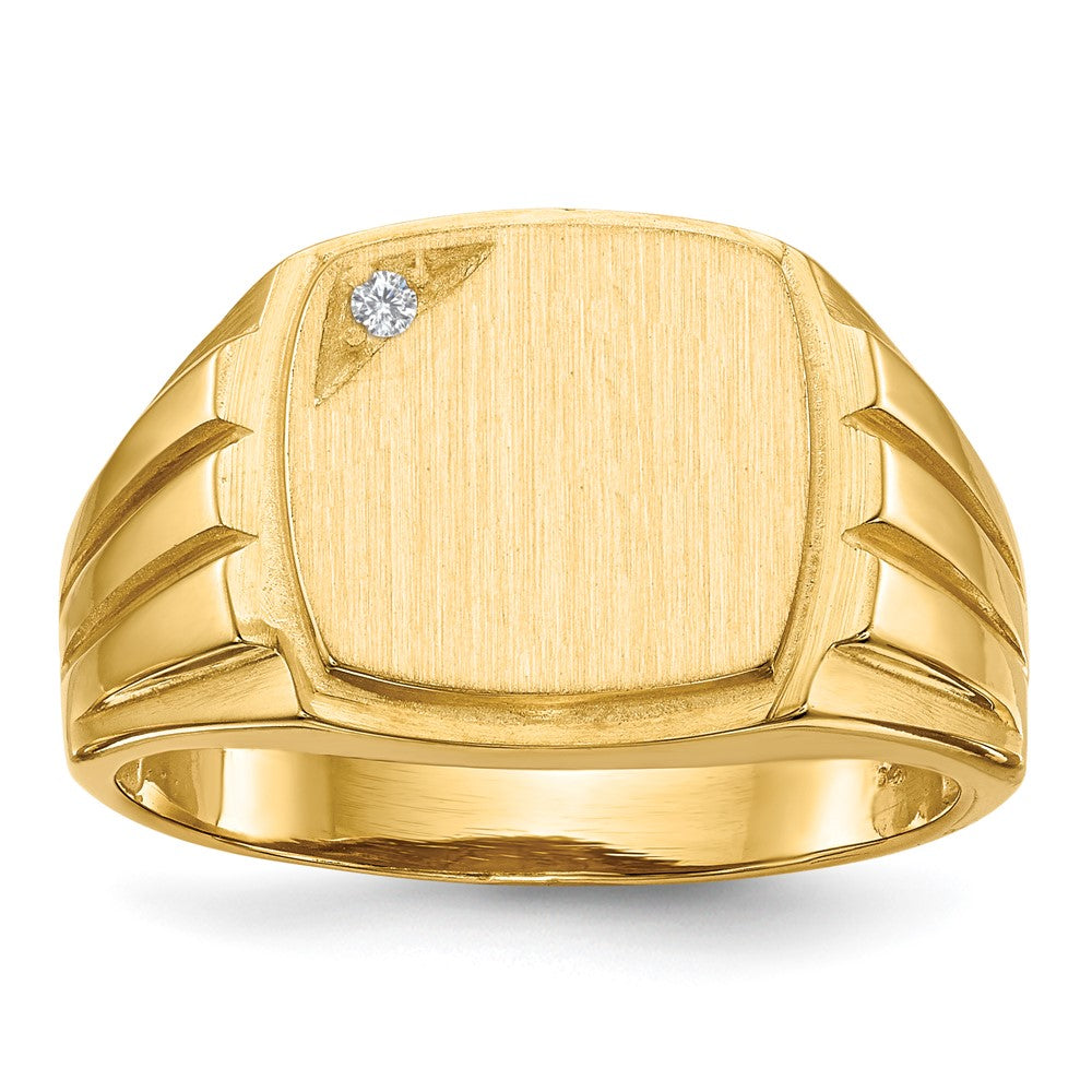14K Gelbgold Siegelring für Herren, 11,5x12,0 mm, mit geriffelten Seiten, offener Rückseite und natürlichem Diamant VS
