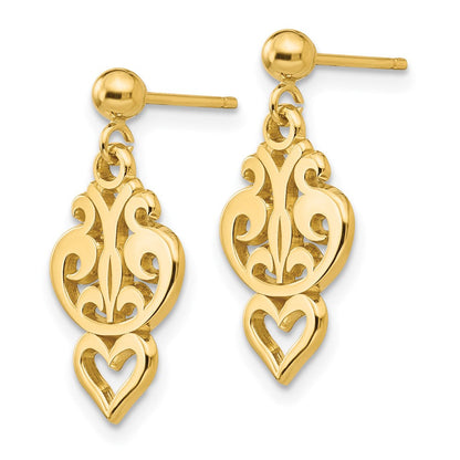 14K Gelbgold Poliert Filigran Fantasie Herz Stecker Ohrhänger