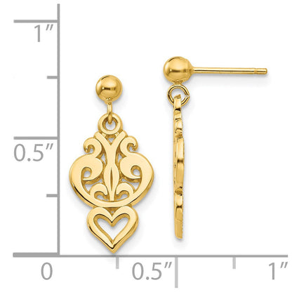 14K Gelbgold Poliert Filigran Fantasie Herz Stecker Ohrhänger