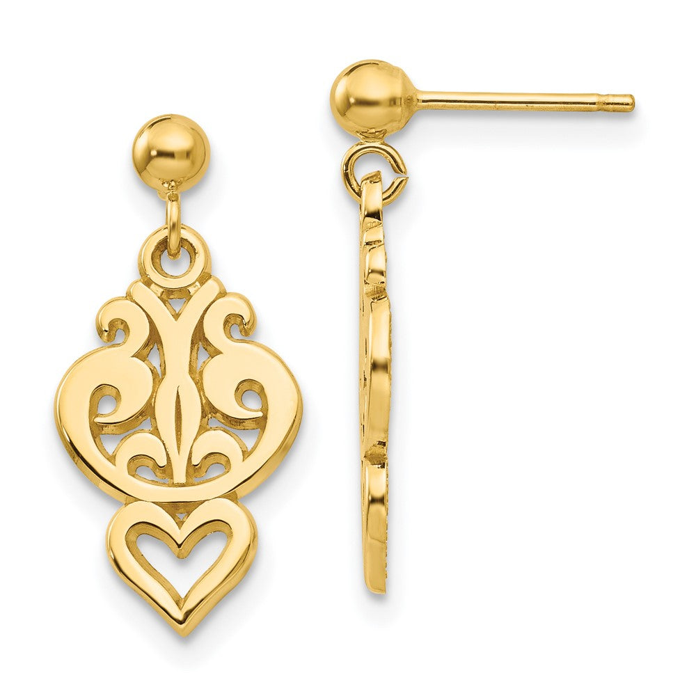 14K Gelbgold Poliert Filigran Fantasie Herz Stecker Ohrhänger