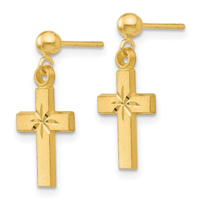 14K Gelbgold Satiniert & Diamantiert Kreuz Ohrringe